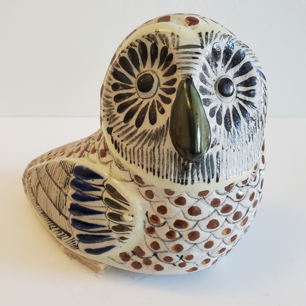 Hand painted Ceramic Owl figurine Mexican Tonala folk art bird, signed